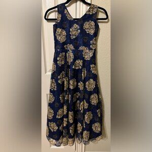 Girls blue and gold lace sleeveless maxi dress - excellent condition size L